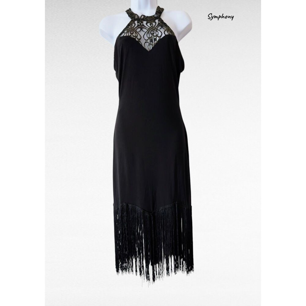 Symphony Black Halter Fringe Dress Lace Bodice Gatsby Flapper Midi